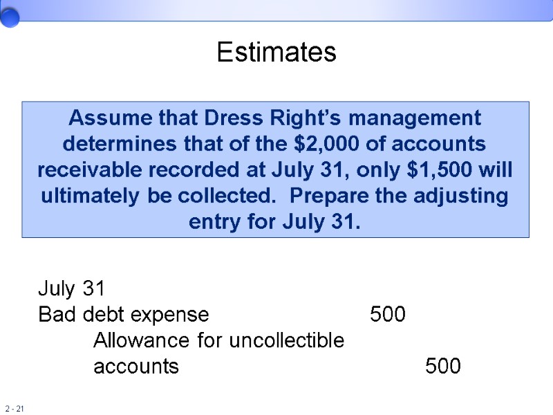 Estimates Assume that Dress Right’s management determines that of the $2,000 of accounts receivable